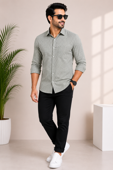 Men's Sage Green Micro Print Premium Casual Shirt