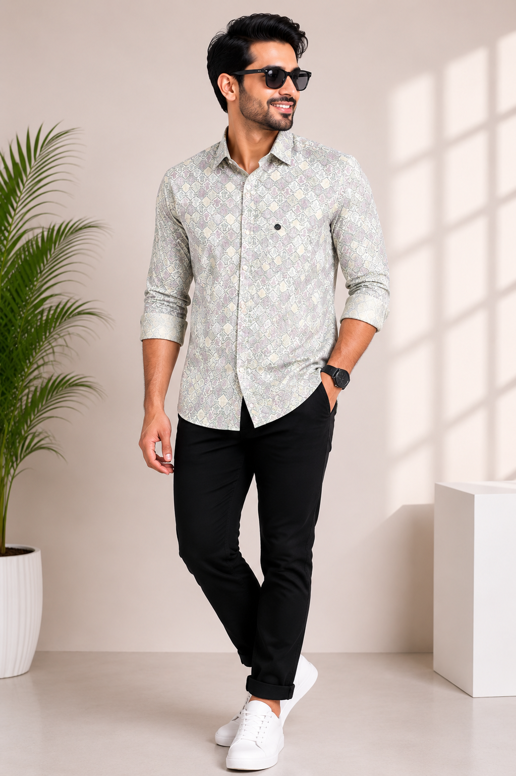 Men's pastel mosaic print premium casual shirt