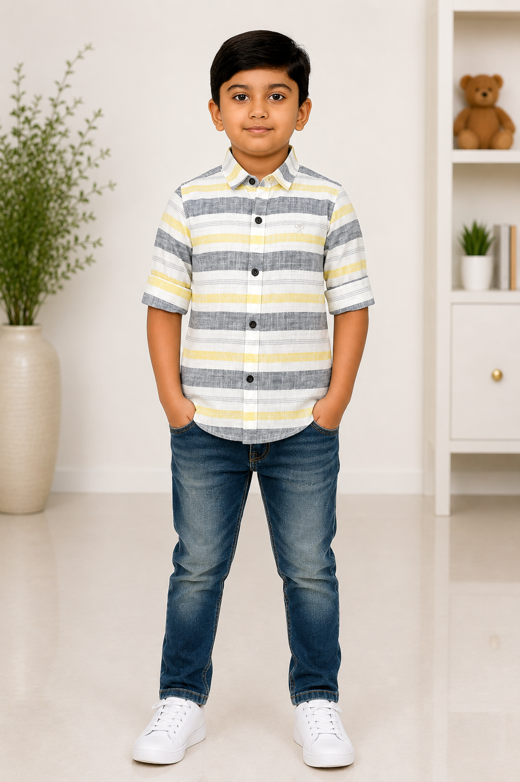 Boys yellow and grey striped casual cotton shirt