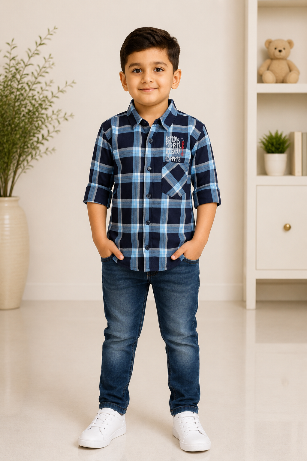 Boys navy blue checked full-sleeve casual shirt