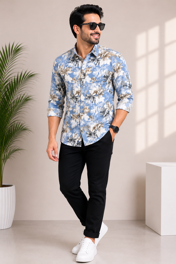 Men's Sky Blue Floral Print Premium Casual Shirt
