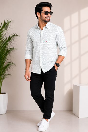 Men's Mint Green Micro Print Premium Casual Shirt
