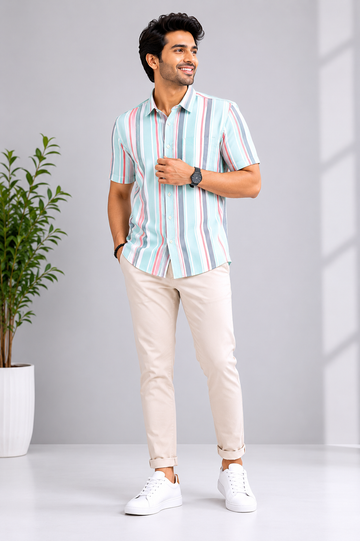 Men's Mint Multi-Stripe Casual Half Sleeve Shirt