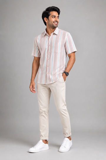 Men's Pastel Multi-Stripe Casual Half Sleeve Shirt
