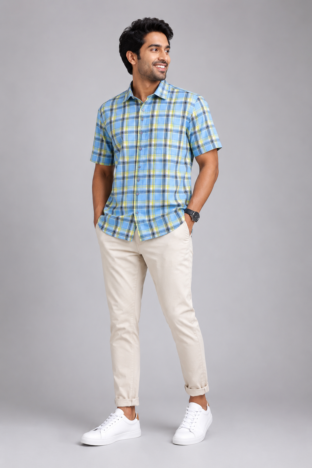 Men's sky blue checked half-sleeve casual shirt