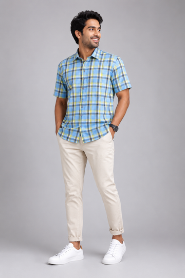 Men's Sky Blue Checked Casual Half Sleeve Shirt