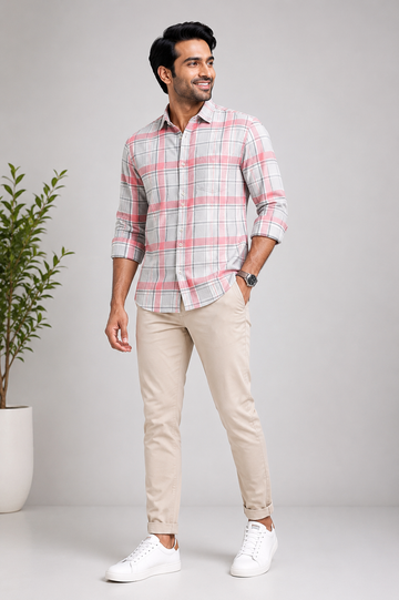 Men's Blush Pink Checked Casual Full Sleeve Shirt