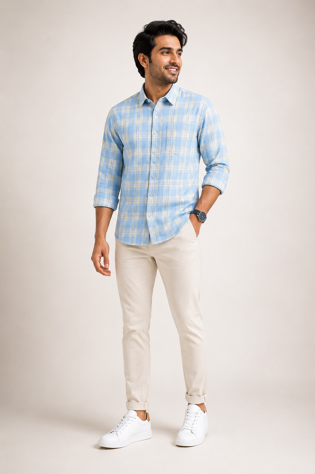 Men's sky blue windowpane checked full-sleeve casual shirt