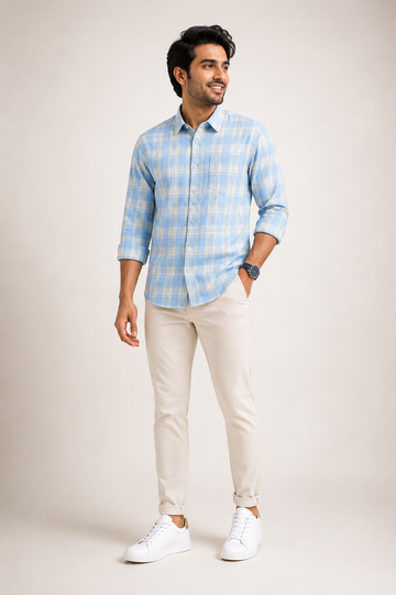 Men's Sky Blue Windowpane Checked Casual Full Sleeve Shirt