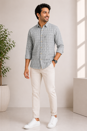 Men's Grey Micro Check Casual Full Sleeve Shirt