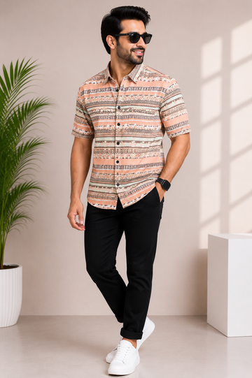 Men’s Peach Ethnic Striped Printed Casual Shirt