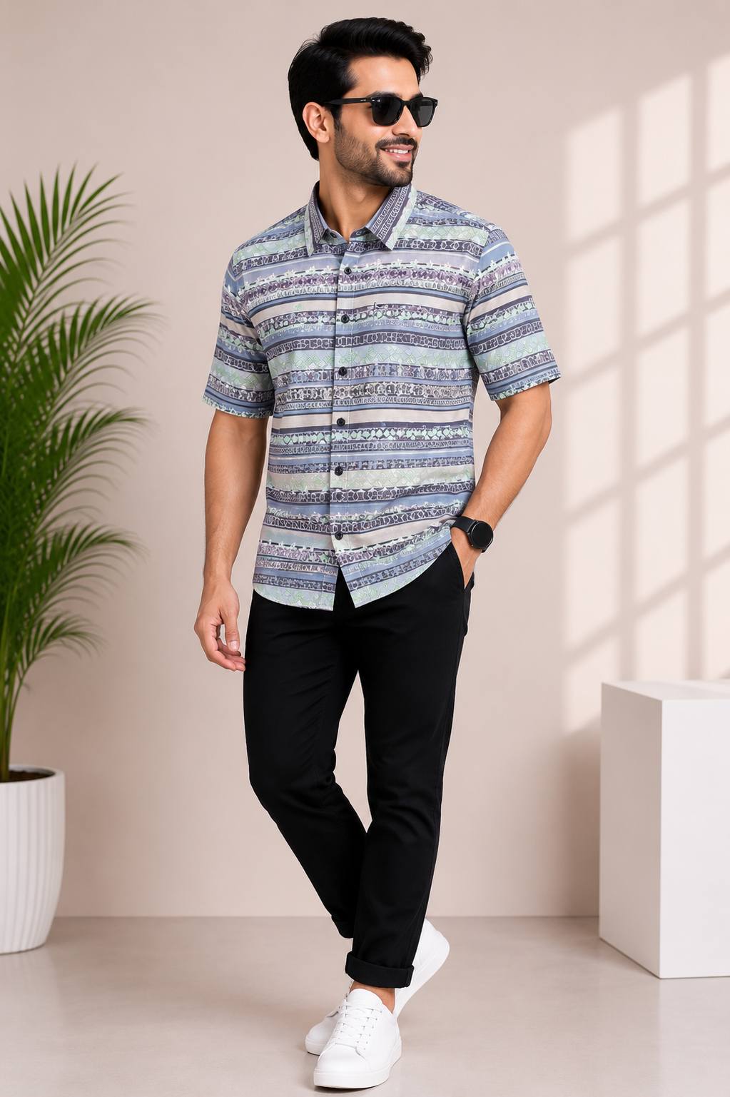 Men's geometric stripe print half-sleeve casual shirt