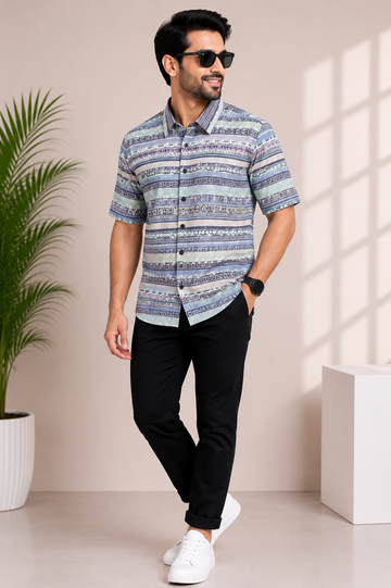 Men's Geometric Stripe Print Casual Half Sleeve Shirt