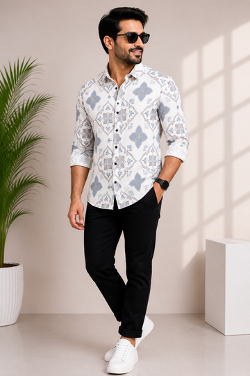 Men's White & Blue Moroccan Tile Print Casual Shirt