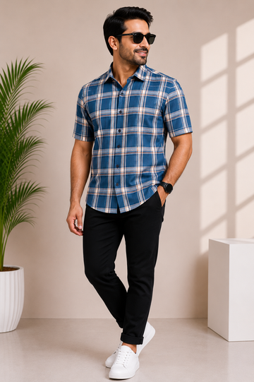 Men’s Blue Checked Short Sleeve Casual Shirt