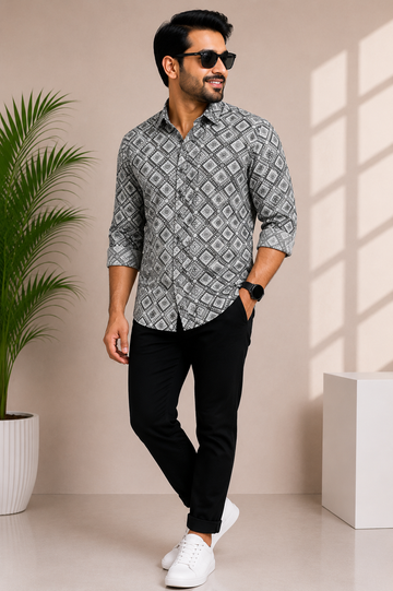 Men’s Grey Geometric Printed Casual Shirt