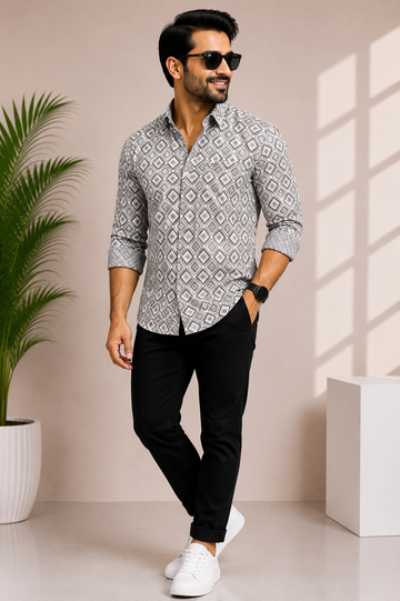 Men’s Light Grey Geometric Printed Casual Shirt