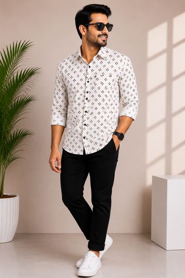 Men's Ivory Geometric Micro Print Casual Shirt