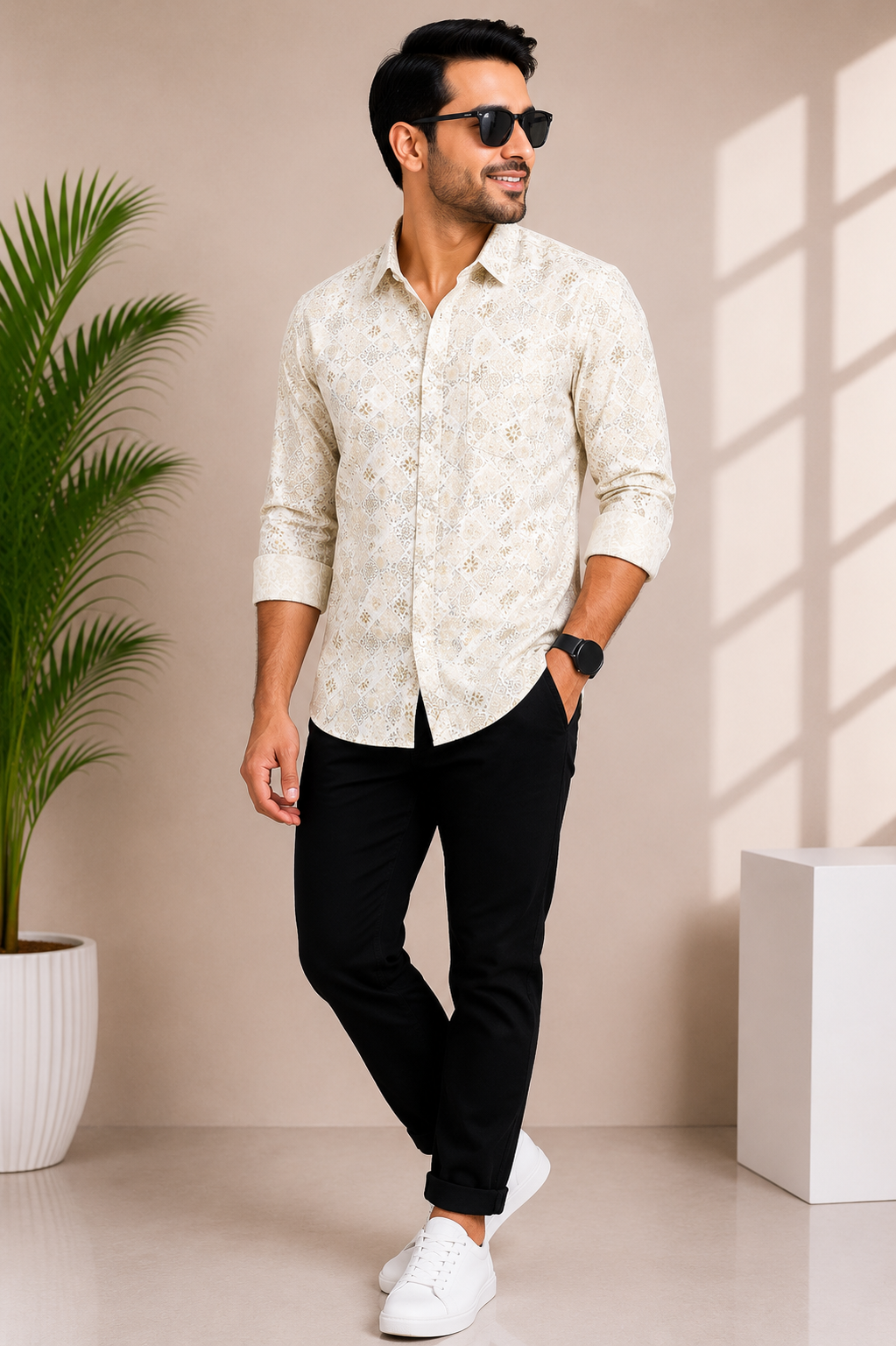 Men's premium beige geometric print casual shirt