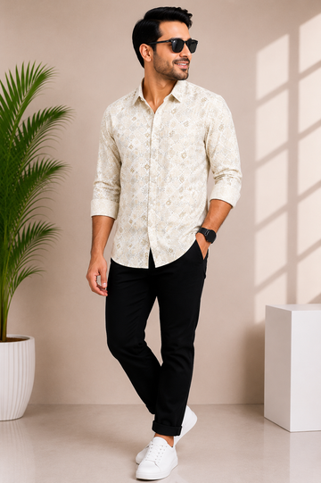 Men's Premium Beige Geometric Print Casual Shirt