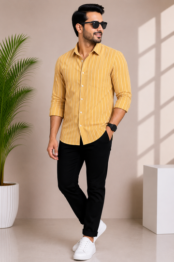 Men's Mustard Vertical Stripe Casual Shirt