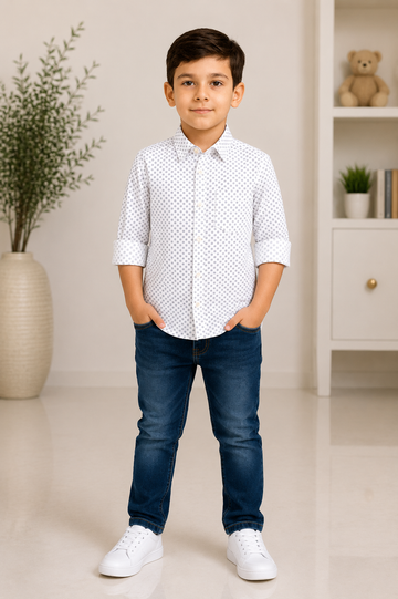 Boys white printed full-sleeve casual shirt
