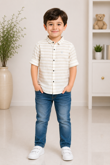 Boys beige striped half-sleeve casual shirt
