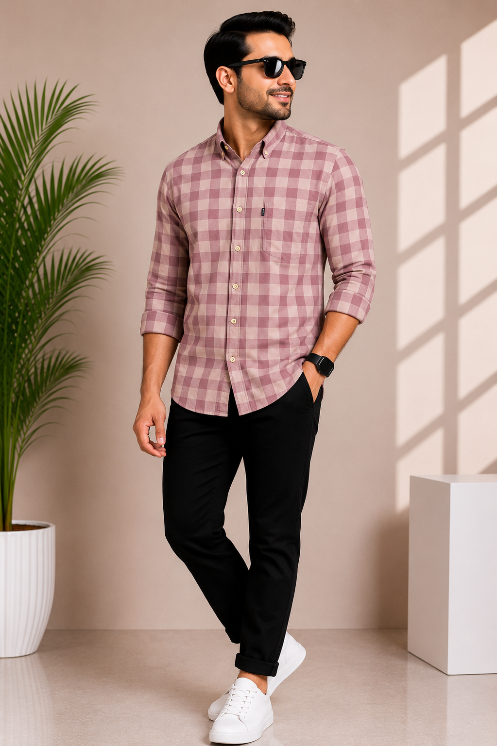 Men's dusty rose checked casual shirt