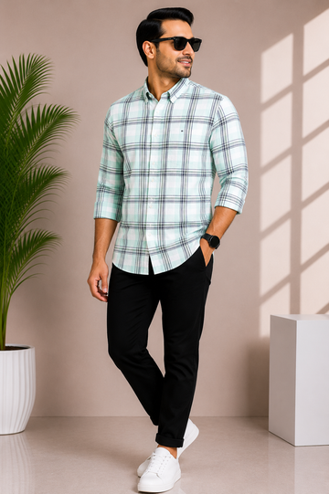 Men's Mint Green Windowpane Checked Casual Shirt