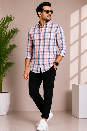 Men's Blush Pink & Navy Checked Casual Shirt