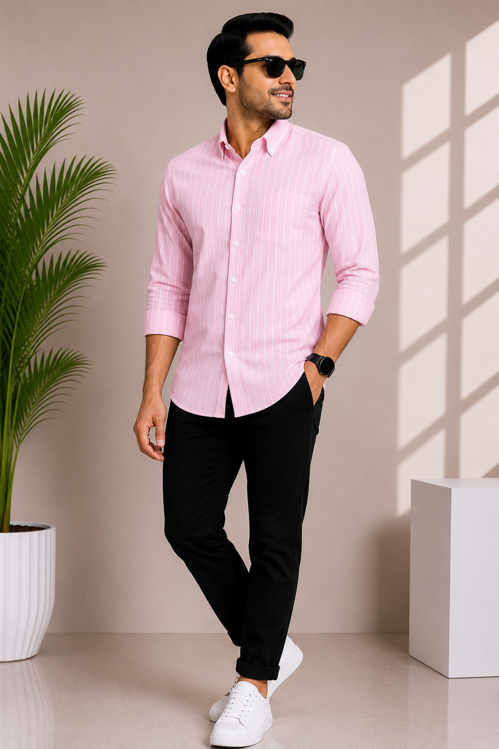 Men's baby pink vertical stripe casual shirt
