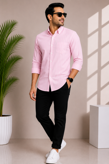 Men's Baby Pink Vertical Stripe Casual Shirt