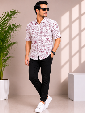 Men's White & Maroon Ethnic Block Print Casual Shirt