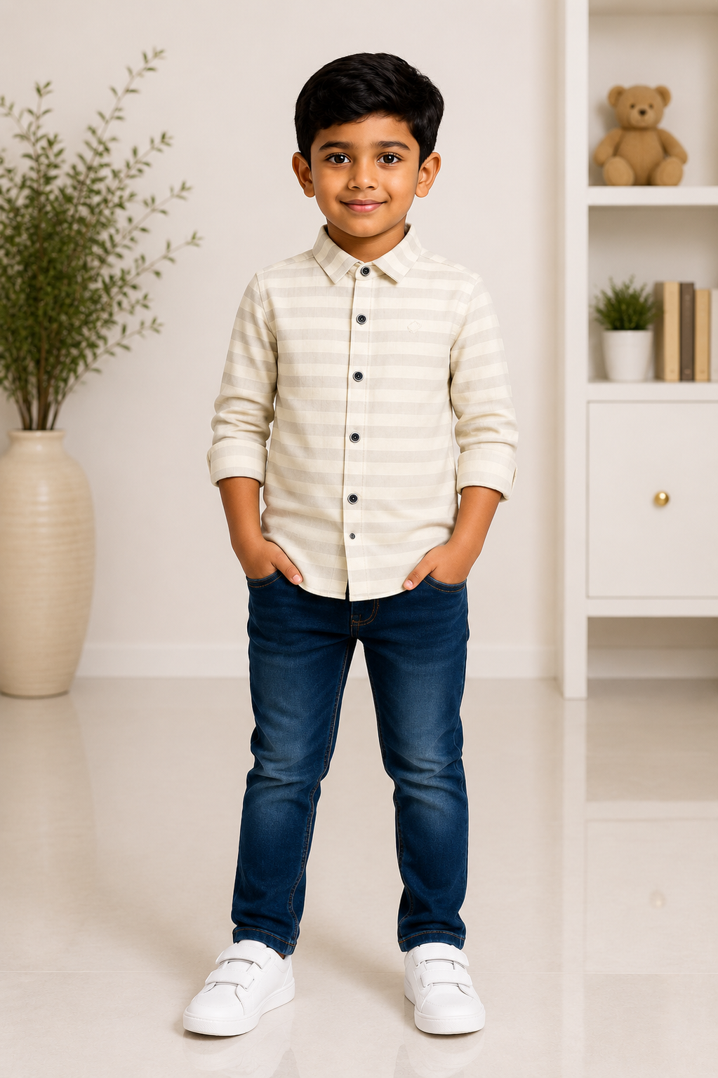 Boys beige striped full-sleeve casual shirt