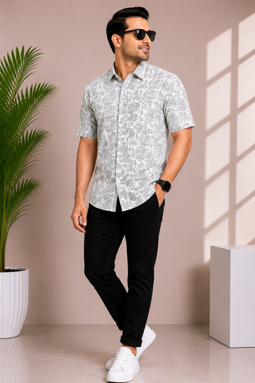 Men's Silver Grey Paisley Print Casual Shirt