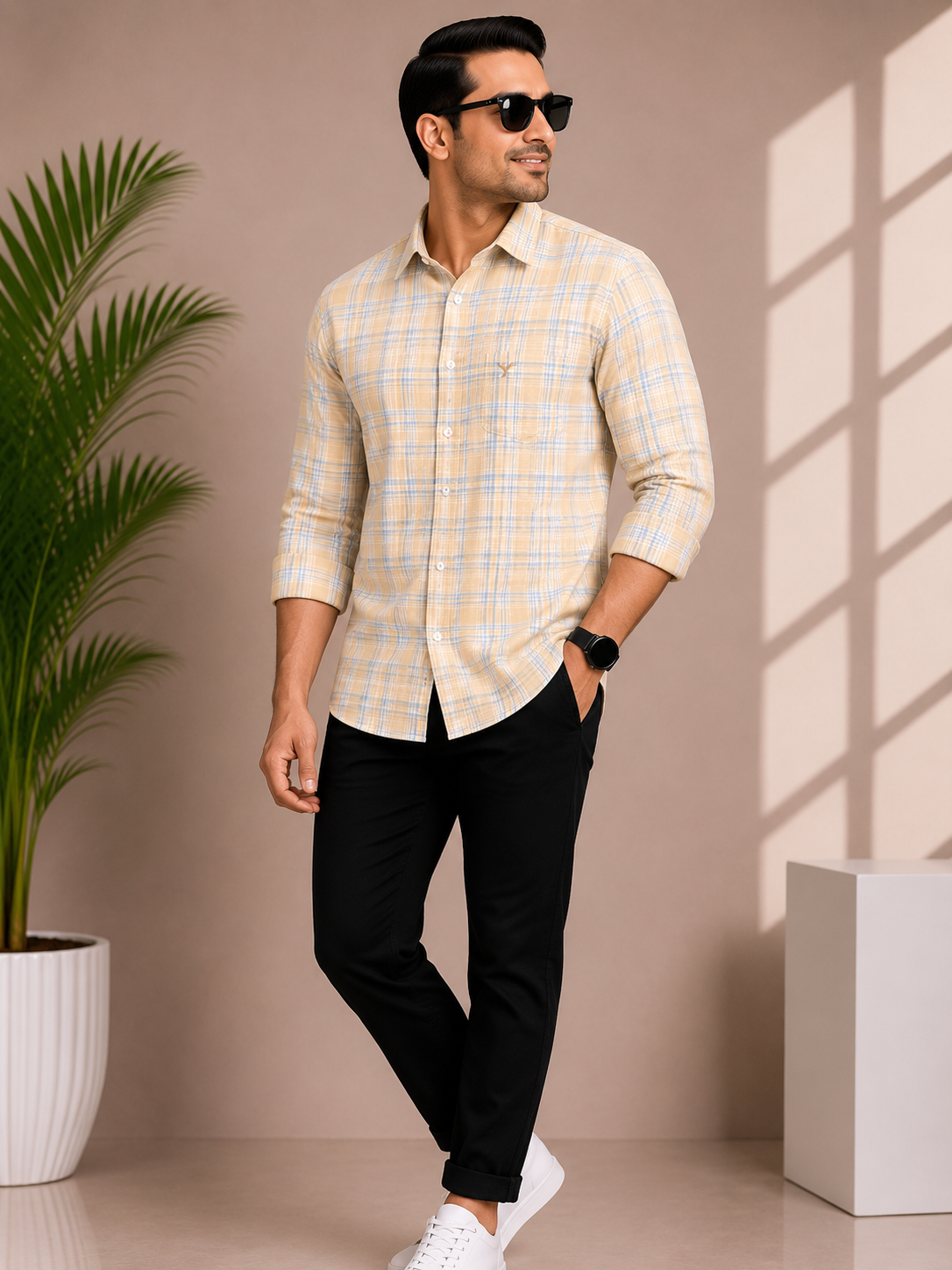 Men's sand beige check casual shirt