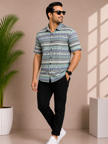 Men's Green Tribal Stripe Casual Shirt