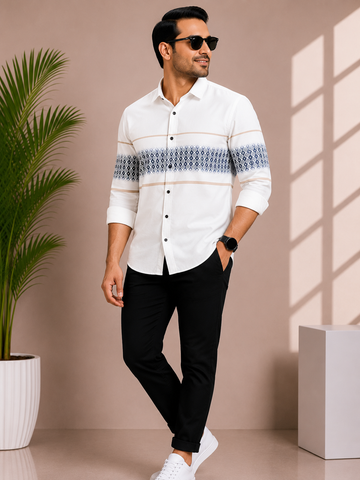 Men's White Geometric Stripe Casual Shirt