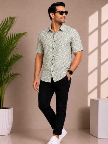 Men's Sage Green Geometric Print Casual Shirt