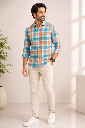 Men's Aqua Blue & Orange Checked Casual Shirt