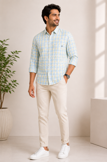 Men's Pastel Blue Checked Casual Shirt