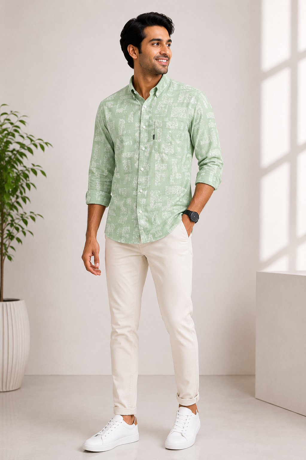 Men's sage green abstract print casual shirt
