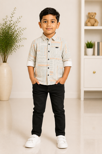 Boys grey printed half-sleeve casual shirt