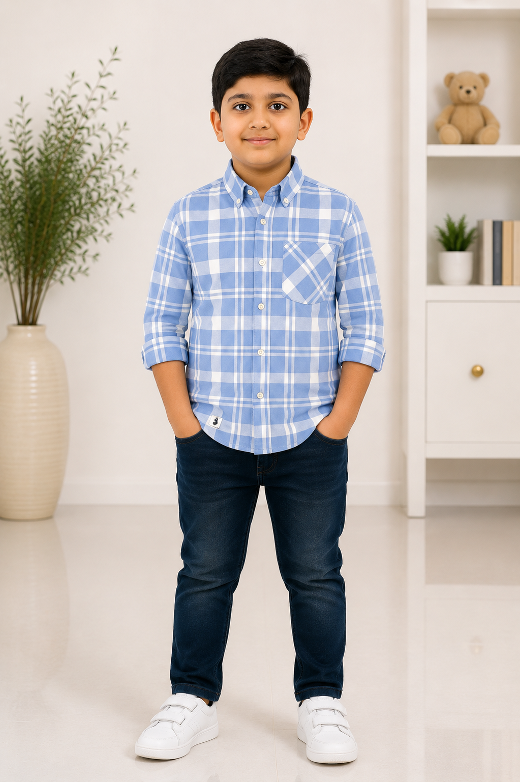 Boys blue checked full-sleeve casual shirt
