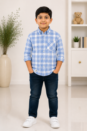 Boys blue checked full-sleeve casual shirt