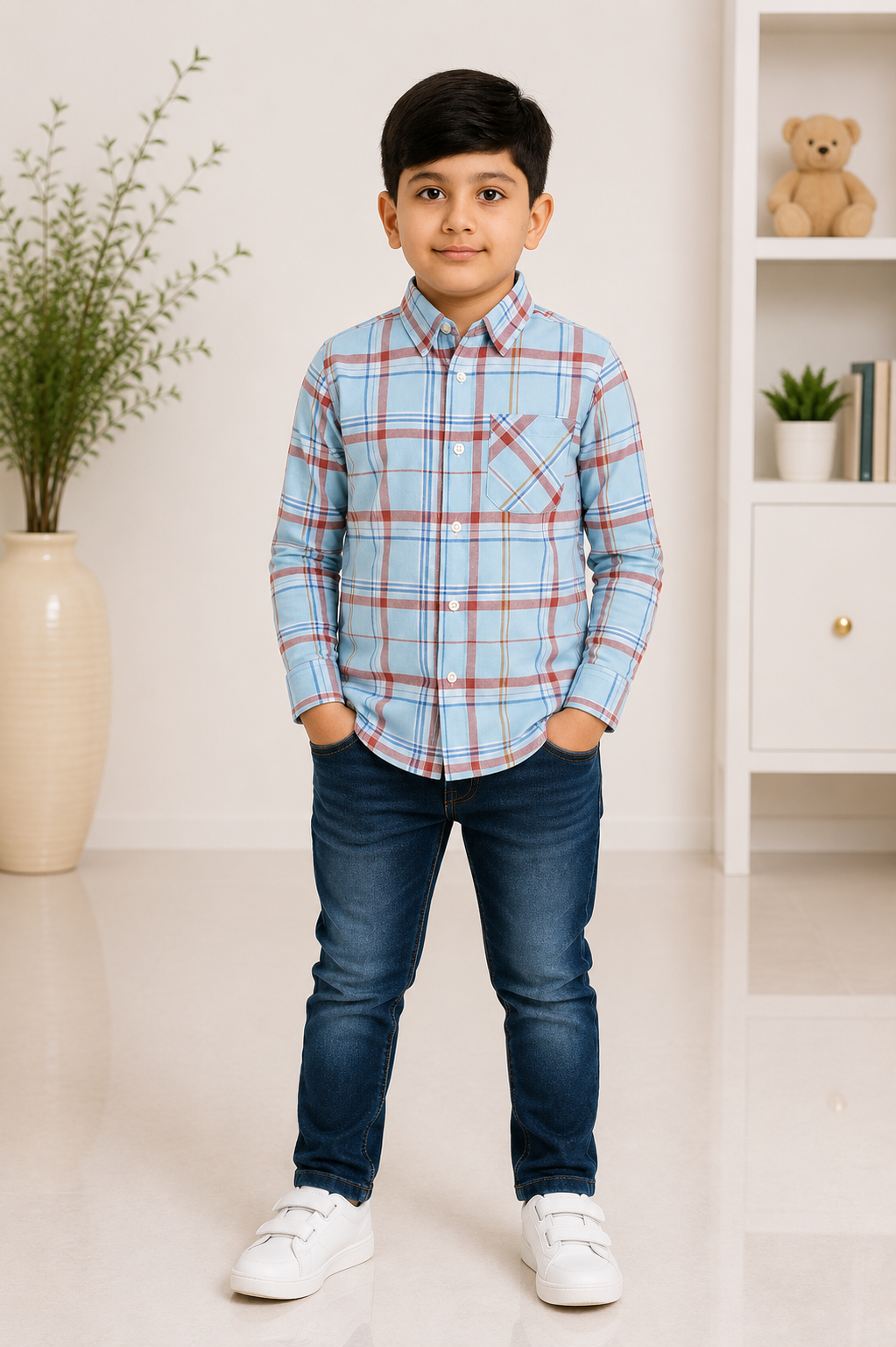 Boys light blue checked full-sleeve casual shirt