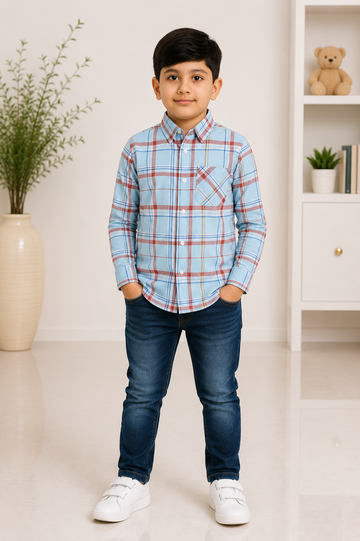 Boys light blue checked full-sleeve casual shirt