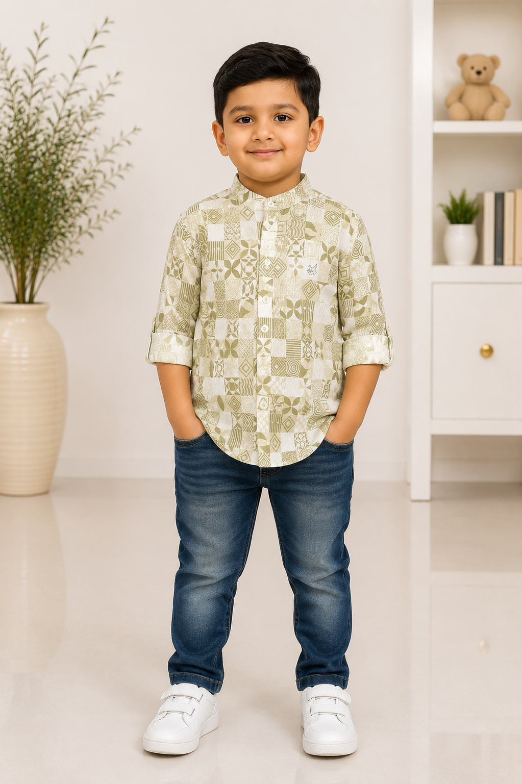 Boys green geometric print full-sleeve cotton shirt