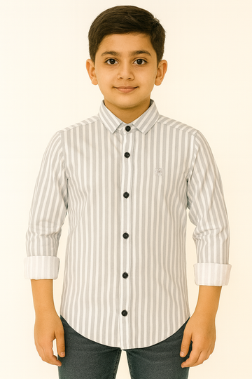 Grey and White Striped Full Sleeve Cotton Shirt - Inayah Fashion