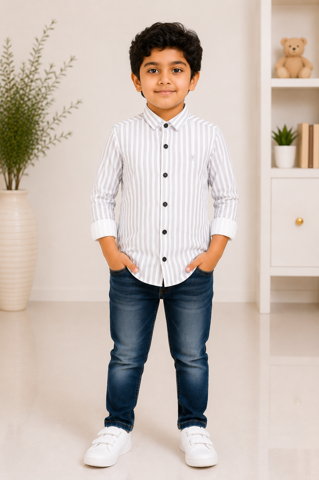 Boys grey and white striped full-sleeve cotton shirt